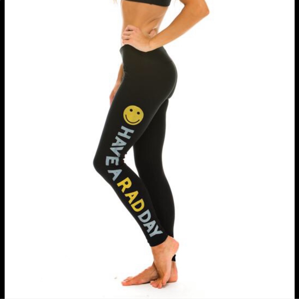 Aviator Nation Black Leggings with Yellow Smiley and White/Yellow Side Script